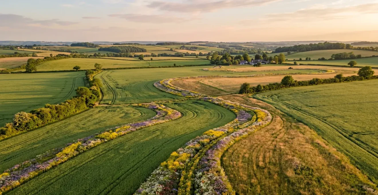 Wide aerial view of flowering wildflower corridors weaving through agricultural fields creating pollinator pathways