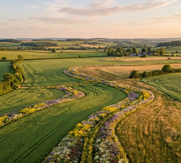 Wide aerial view of flowering wildflower corridors weaving through agricultural fields creating pollinator pathways