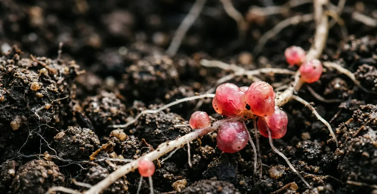 Close-up of legume root nodules in rich agricultural soil showing biological nitrogen fixation process