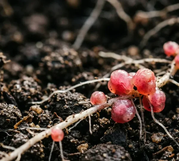 Close-up of legume root nodules in rich agricultural soil showing biological nitrogen fixation process