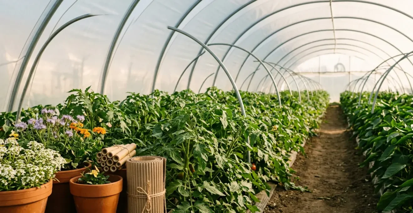 Green lacewing larvae hunting aphids on greenhouse plant leaves with soft natural lighting