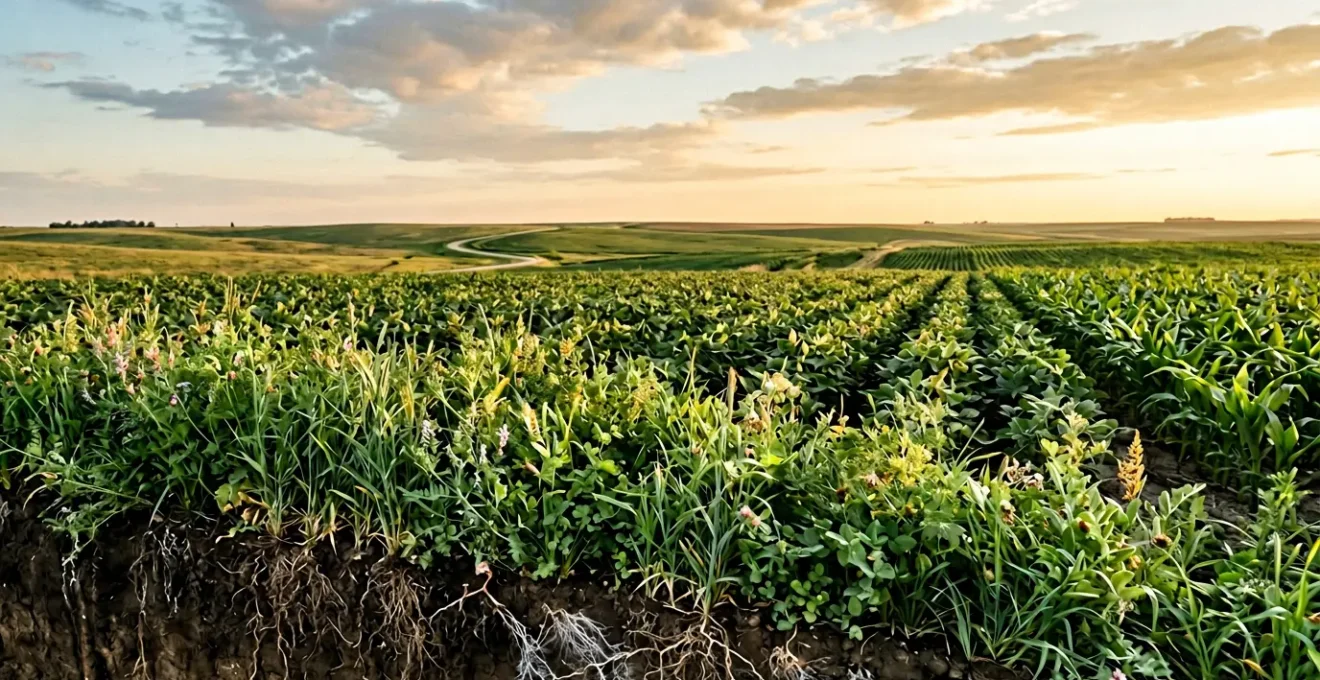 Agricultural landscape showing integrated nutrient cycling through soil, plants, and atmosphere with natural biological processes