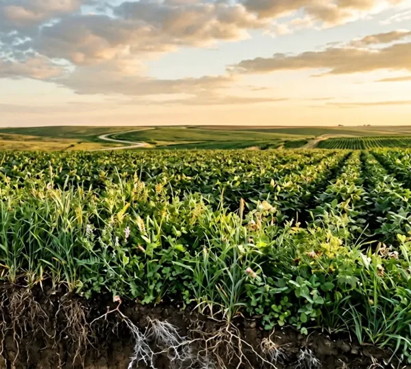 Agricultural landscape showing integrated nutrient cycling through soil, plants, and atmosphere with natural biological processes
