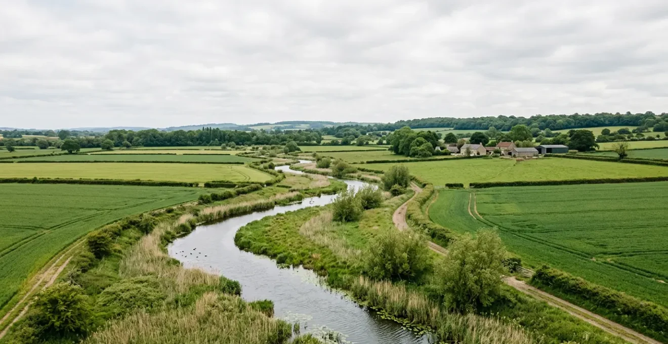 Wide agricultural landscape showing meandering water channels integrated with crop fields under natural lighting