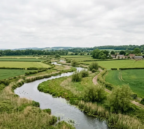 Wide agricultural landscape showing meandering water channels integrated with crop fields under natural lighting