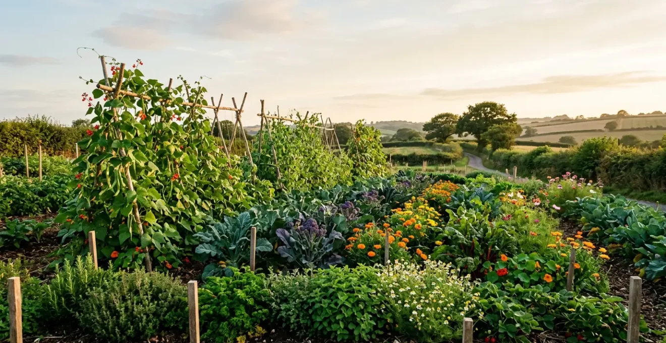 Thriving UK market garden with diverse polyculture layers mimicking natural forest ecosystem structure showing pest resistance through biodiversity