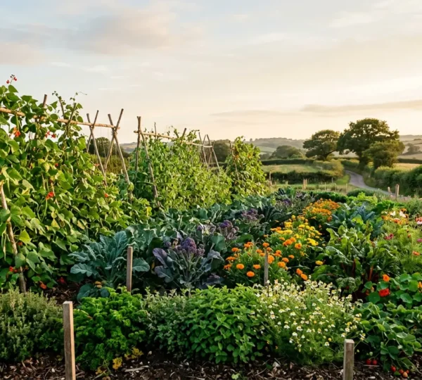 Thriving UK market garden with diverse polyculture layers mimicking natural forest ecosystem structure showing pest resistance through biodiversity