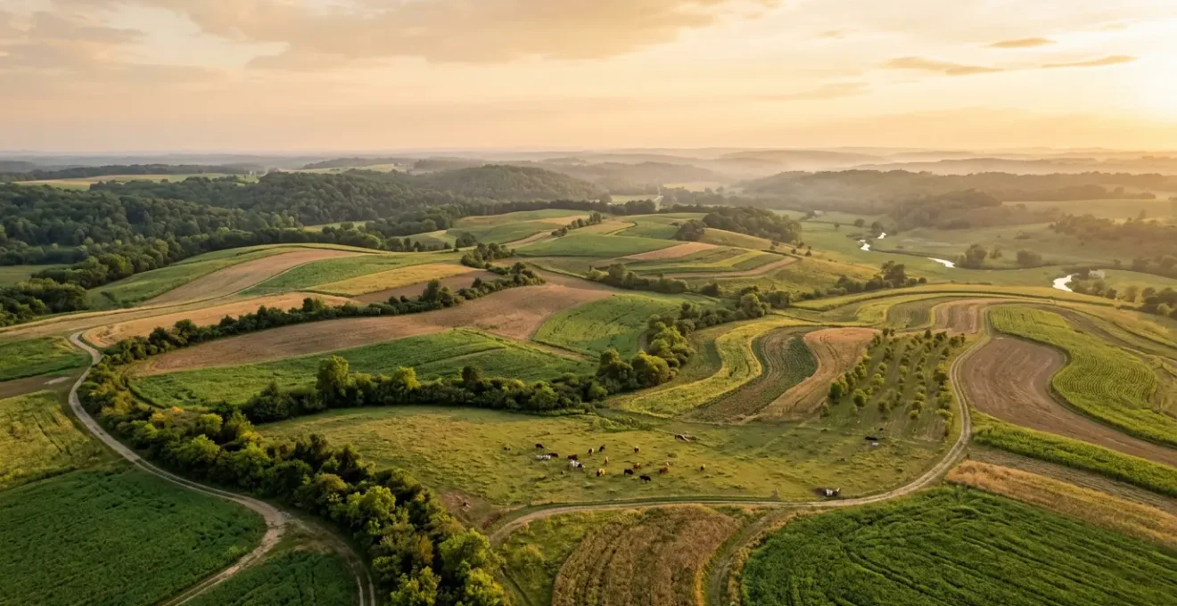 Aerial view of regenerative farm with diverse crop rotation, cover crops, and integrated livestock creating a closed-loop carbon sequestration system