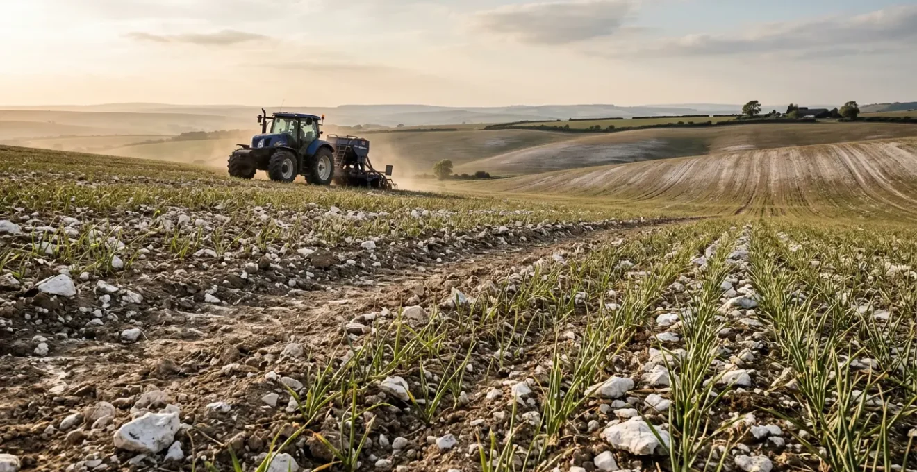 Agricultural field with shallow chalky soil showing visible chalk fragments and specialized farming techniques for nutrient-limited conditions