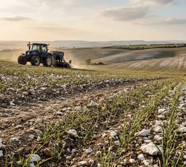 Agricultural field with shallow chalky soil showing visible chalk fragments and specialized farming techniques for nutrient-limited conditions