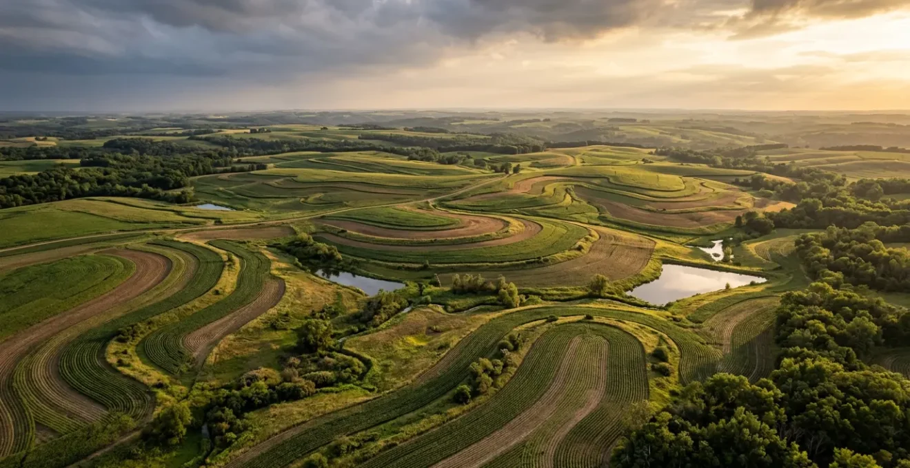 Aerial view of contoured agricultural landscape with integrated water management systems under dramatic storm clouds