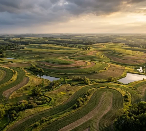 Aerial view of contoured agricultural landscape with integrated water management systems under dramatic storm clouds
