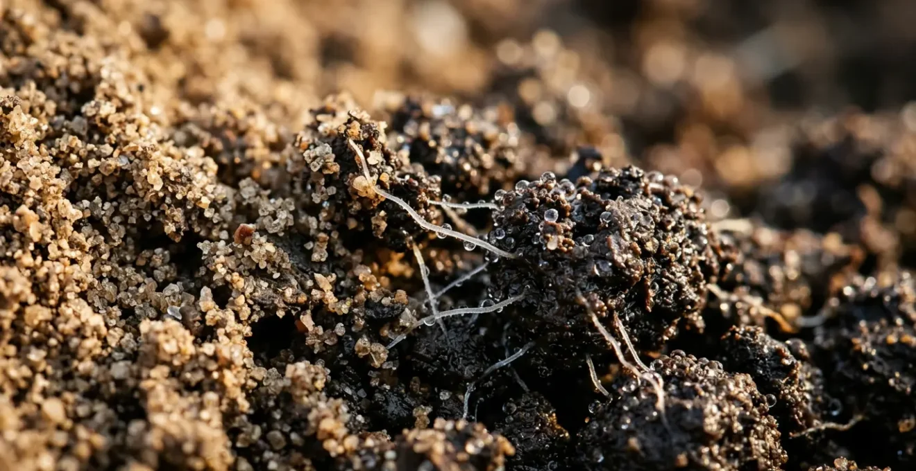 Close-up view of sandy soil transformation showing improved water holding capacity through organic matter