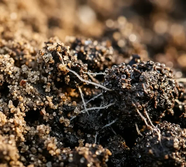 Close-up view of sandy soil transformation showing improved water holding capacity through organic matter