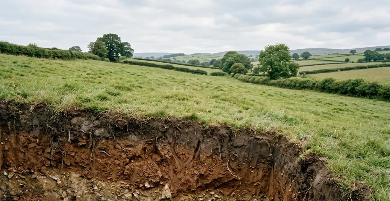 A detailed cross-section view of soil layers on a sloping UK agricultural field showing distinct horizons with visible texture and natural stratification