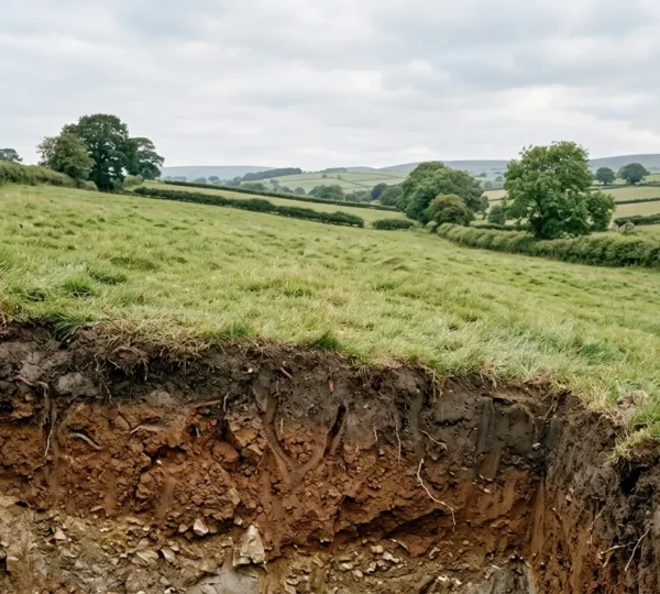 A detailed cross-section view of soil layers on a sloping UK agricultural field showing distinct horizons with visible texture and natural stratification