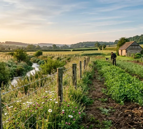 Farm landscape showing ecological assets integrated with financial value measurement