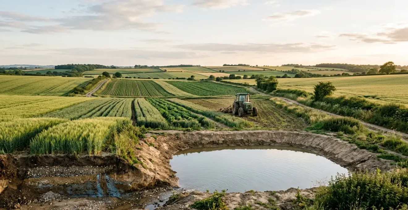 Wide landscape view of agricultural aquifer recharge system with infiltration basin in farmland