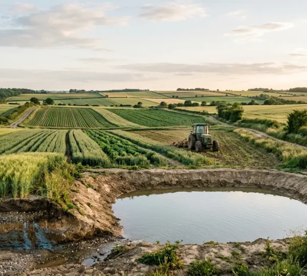 Wide landscape view of agricultural aquifer recharge system with infiltration basin in farmland