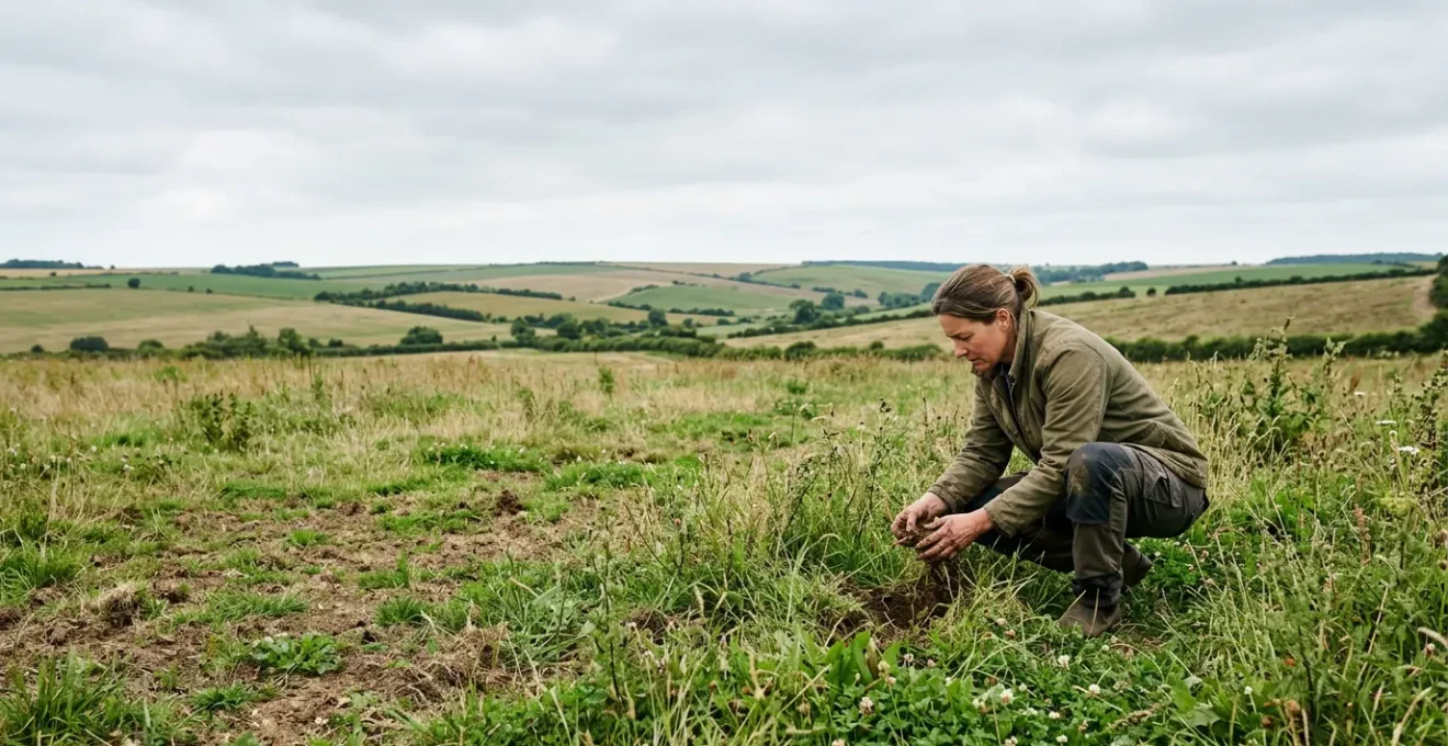 Agricultural professional examining soil structure and plant bio-indicators in a diverse pasture environment without lab equipment