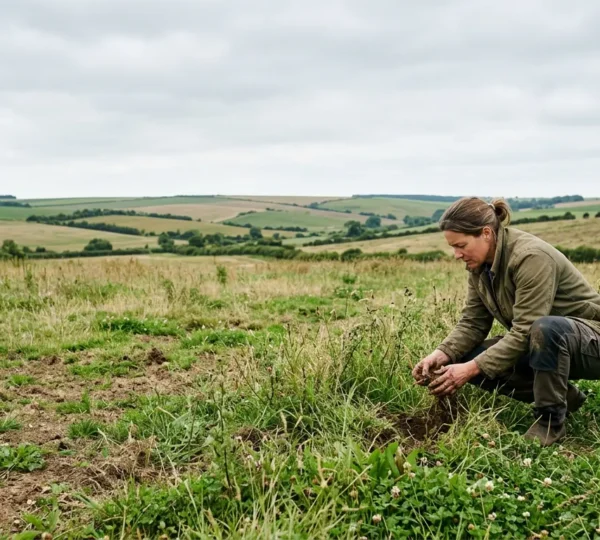 Agricultural professional examining soil structure and plant bio-indicators in a diverse pasture environment without lab equipment