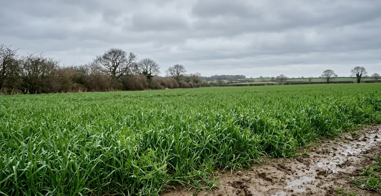 Dense rye and vetch green manure mix thriving on waterlogged clay farmland during UK winter