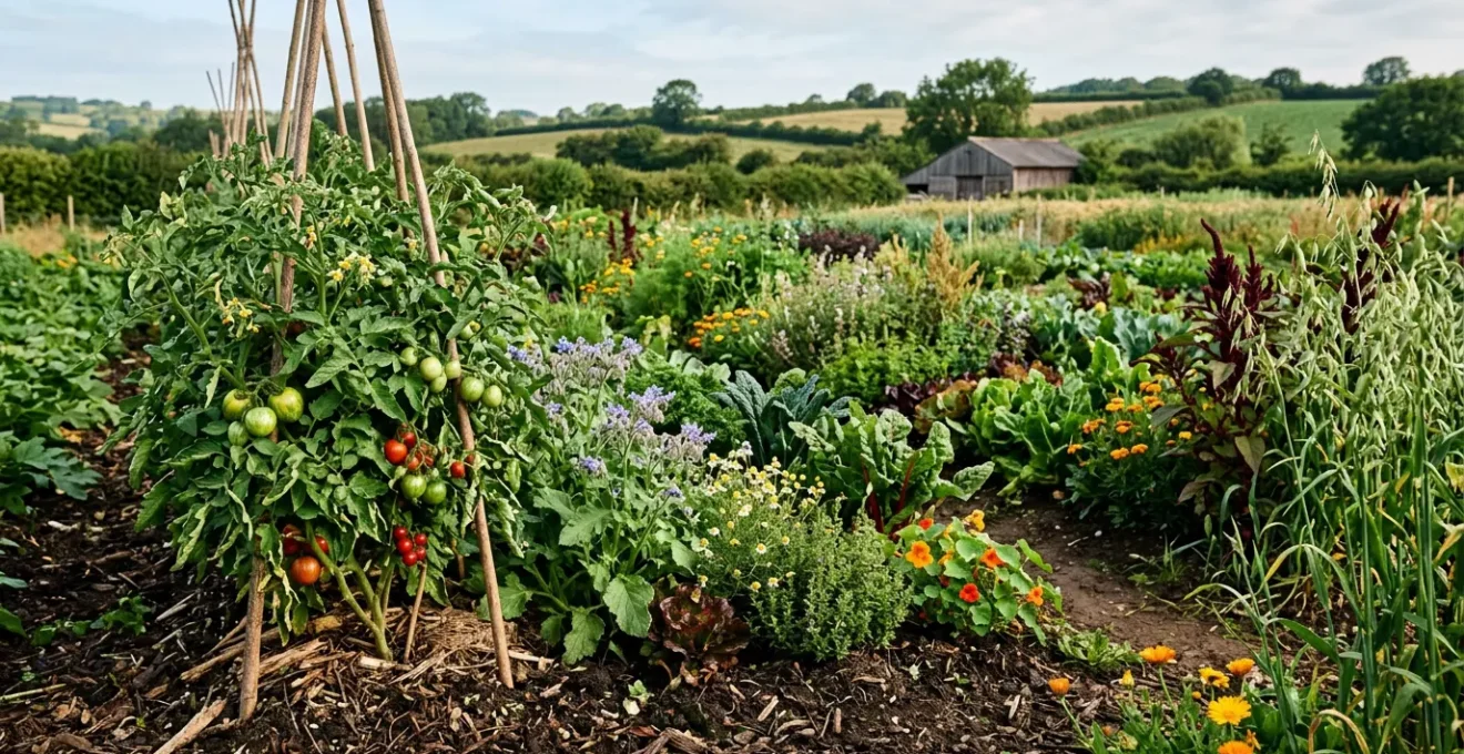 Diverse heirloom seed varieties and healthy plants demonstrating natural disease resistance through genetic diversity
