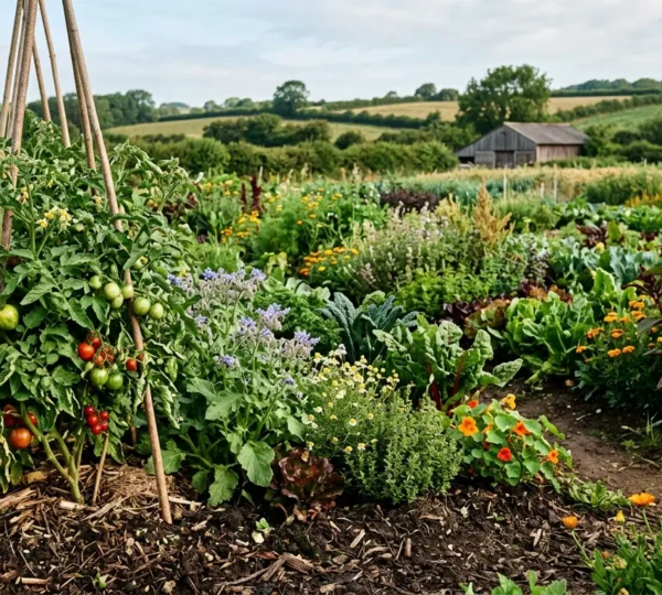 Diverse heirloom seed varieties and healthy plants demonstrating natural disease resistance through genetic diversity