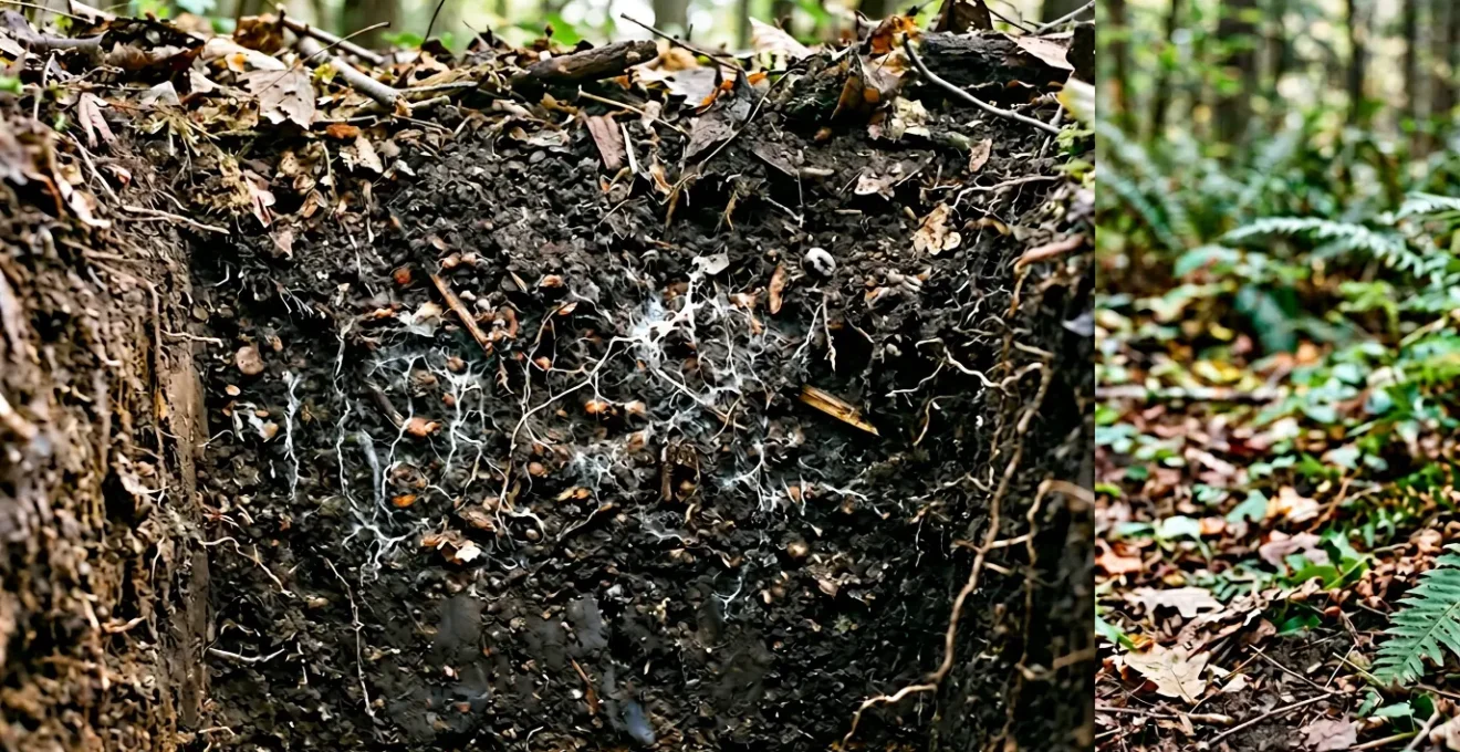 Fungal hyphae and decomposing organic matter integrating into healthy soil structure