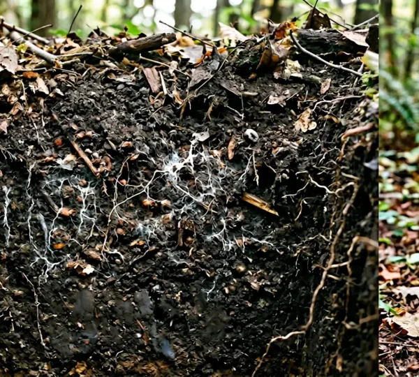 Fungal hyphae and decomposing organic matter integrating into healthy soil structure