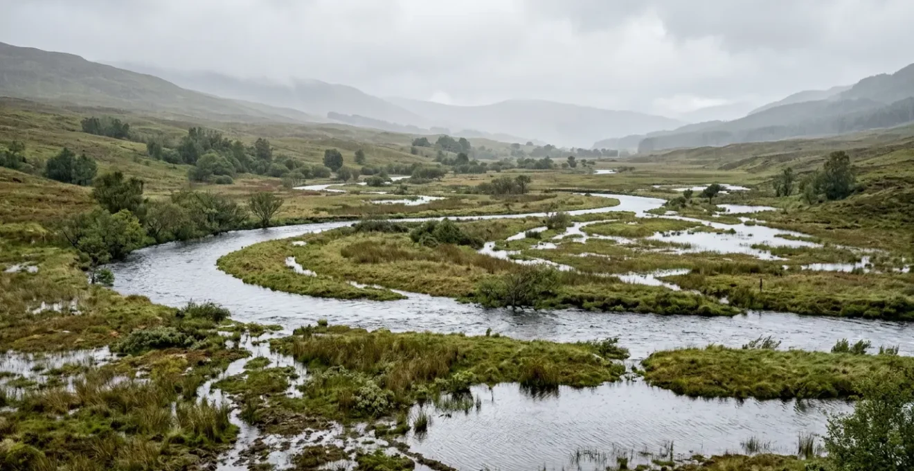 Wide landscape view of a natural river catchment with wetlands and floodplains managing water flow during rainfall