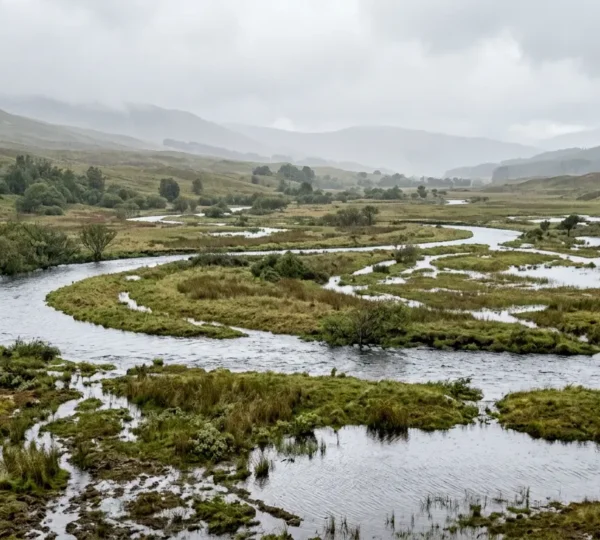 Wide landscape view of a natural river catchment with wetlands and floodplains managing water flow during rainfall