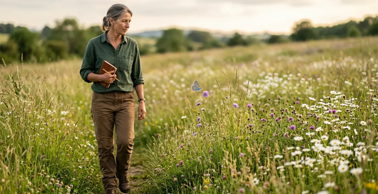Farmer conducting butterfly transect walk in wildflower meadow for biodiversity monitoring