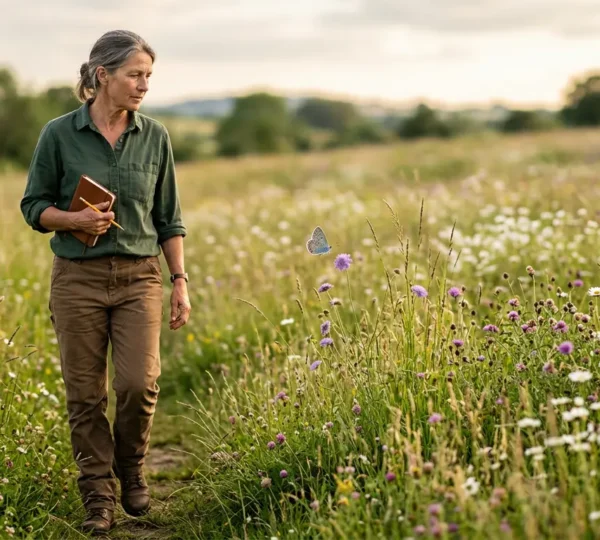 Farmer conducting butterfly transect walk in wildflower meadow for biodiversity monitoring