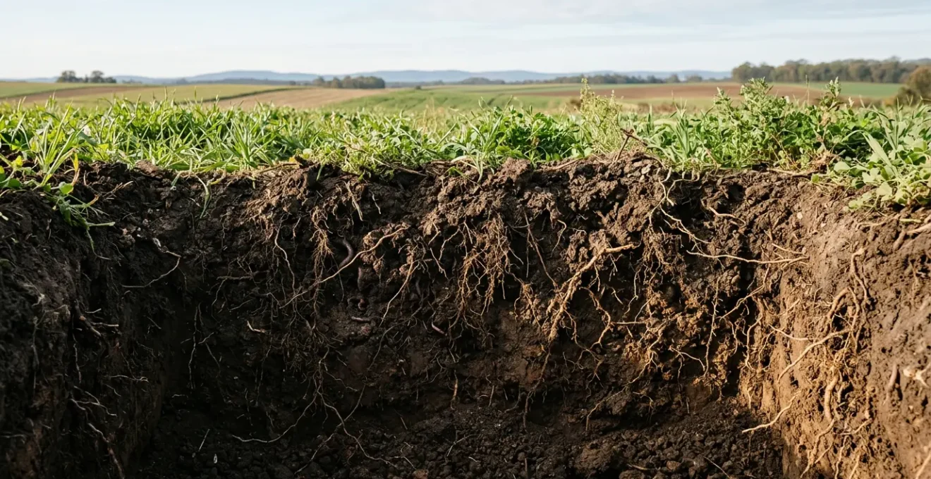 Healthy regenerative agricultural soil ecosystem with visible organic matter and root systems demonstrating sustainable farming transition