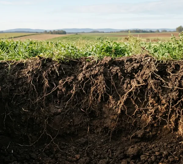 Healthy regenerative agricultural soil ecosystem with visible organic matter and root systems demonstrating sustainable farming transition