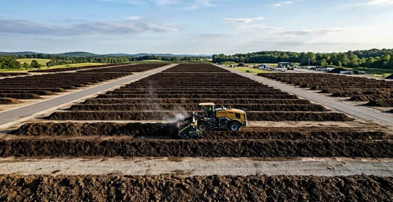 Large-scale municipal composting facility processing organic waste into valuable soil amendment