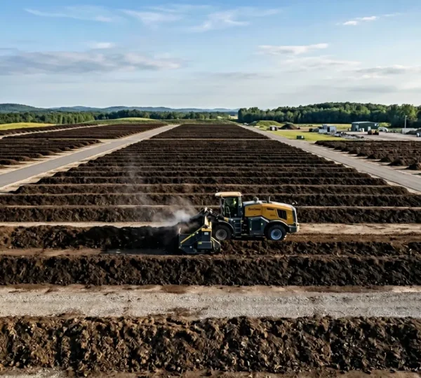 Large-scale municipal composting facility processing organic waste into valuable soil amendment