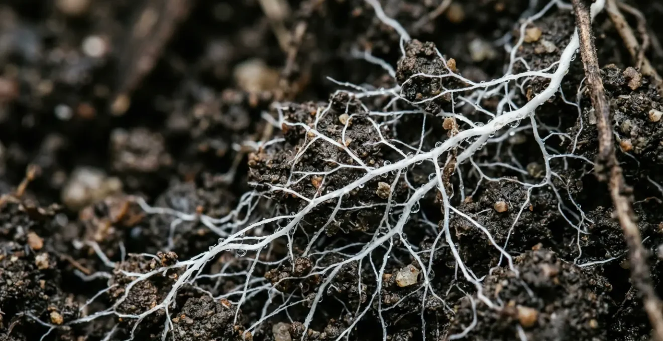 Close-up view of white fungal mycelium threading through dark orchard soil between fruit tree roots