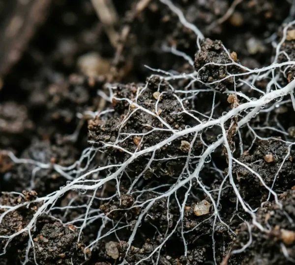 Close-up view of white fungal mycelium threading through dark orchard soil between fruit tree roots