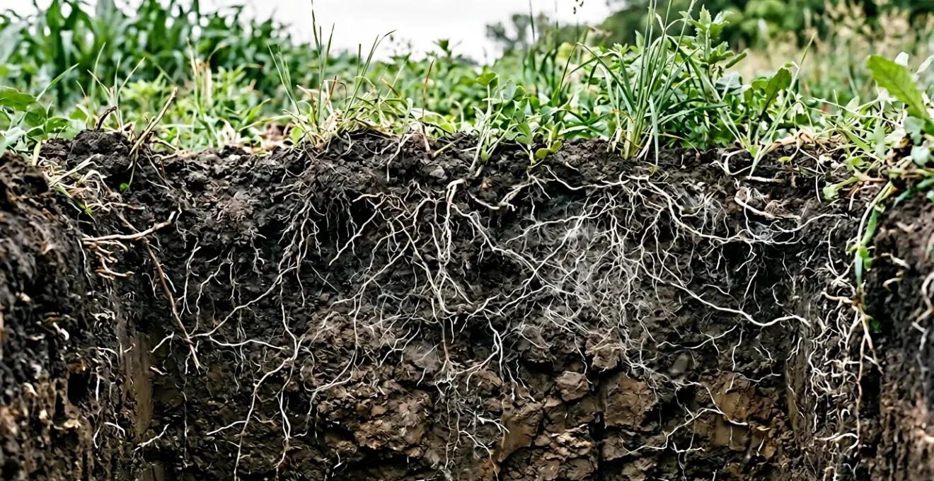 Underground mycorrhizal fungal network connecting plant roots in healthy agricultural soil