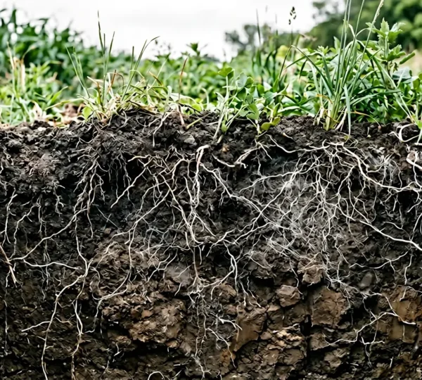 Underground mycorrhizal fungal network connecting plant roots in healthy agricultural soil