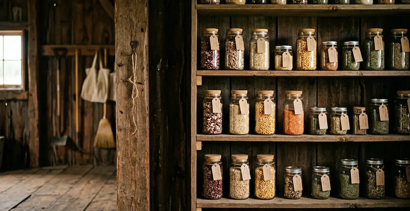 Farmer's seed preservation system with organized storage containers in agricultural setting
