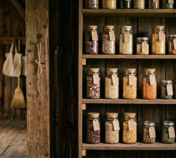 Farmer's seed preservation system with organized storage containers in agricultural setting