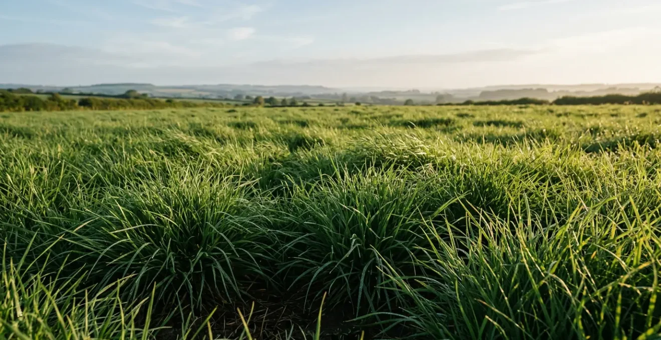 Tall green pasture grass swaying in gentle wind under bright sunlight during a summer heatwave