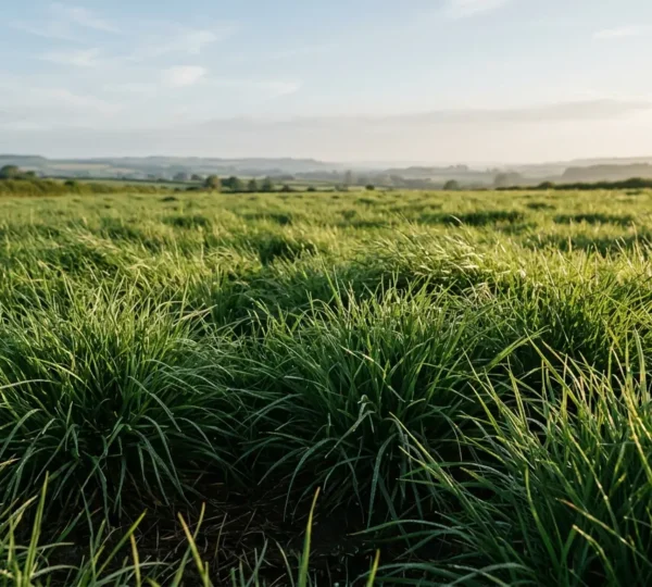 Tall green pasture grass swaying in gentle wind under bright sunlight during a summer heatwave