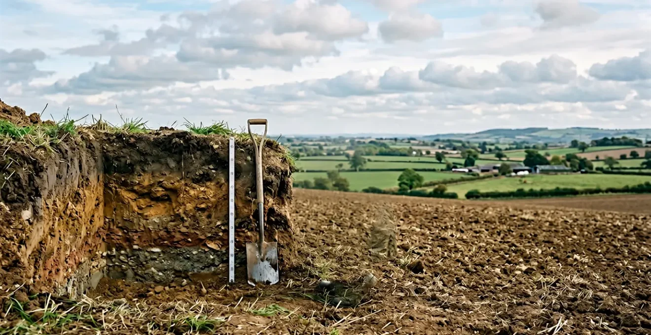 Professional soil profile assessment in UK agricultural field showing distinct horizon layers and soil structure evaluation
