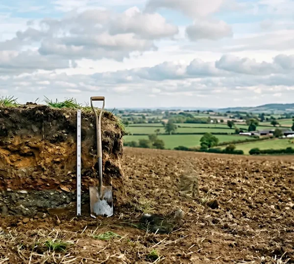 Professional soil profile assessment in UK agricultural field showing distinct horizon layers and soil structure evaluation