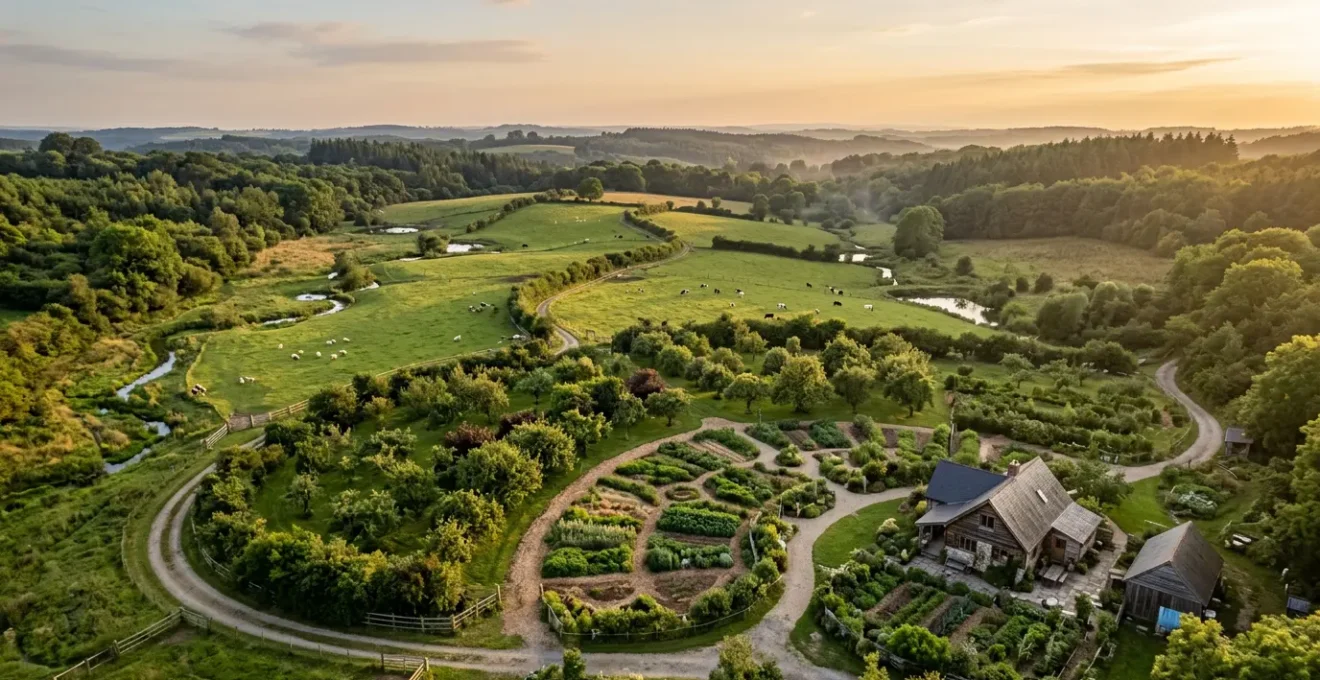 Aerial view of a well-designed permaculture farm showing concentric zones radiating from a central farmhouse with gardens and pathways