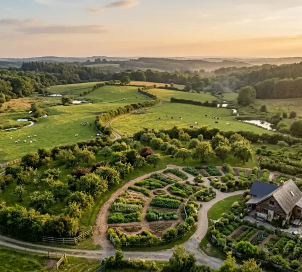 Aerial view of a well-designed permaculture farm showing concentric zones radiating from a central farmhouse with gardens and pathways